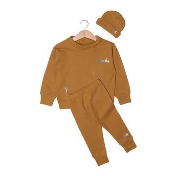 LIGHT BROWN THERMAL FABRIC PANDA WITH CAP SUIT FOR WINTERS